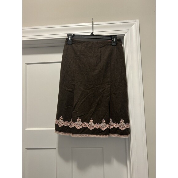 Vintage Y2K EXPRESS Brown Wool Blend Aline Skirt Pink Sequined Lace Trim Size 0 - Picture 3 of 8